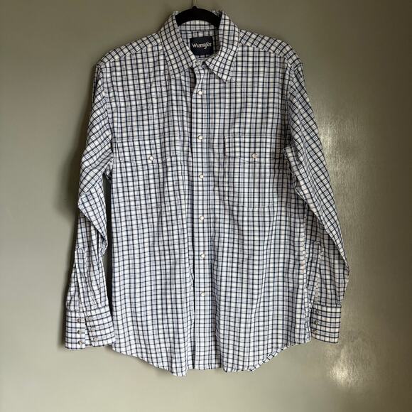 WRANGLER Men's Medium Blue Plaid Windowpane Western Pearl Snap Button Up Cowboy - Picture 3 of 10